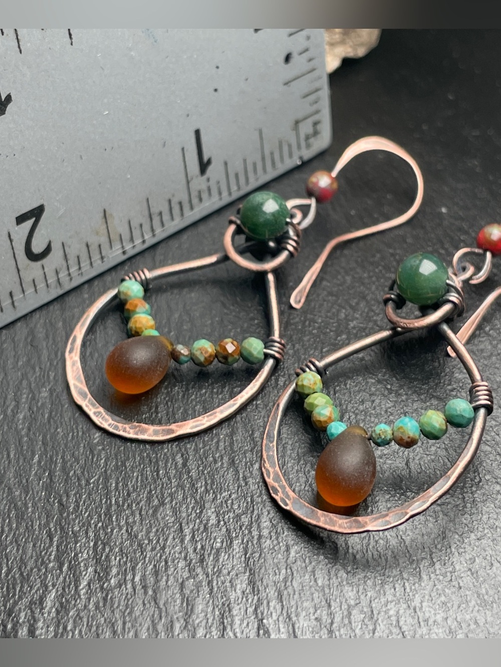 Artisan Made Copper drop Earrings with Moss Agate and Turquoise - Picture 13 of 13